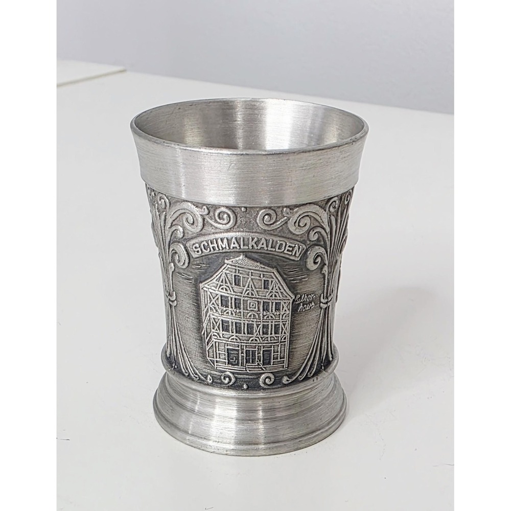 Vintage German Pewter Relief Shot Glass – Schmalkalden Lutherhaus Souvenir Cup